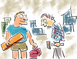 two male builders cartoon illustration picture nik scott tradesmen