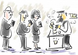 queue coffee business people barrista cartoon illustration picture nik scott