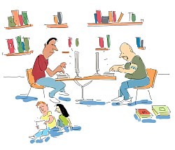 cartoon illustration picture nik scott two dads two kids on computers in library