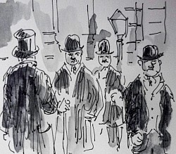 cartoon illustration picture nik scott victorian nightlife top hats streetlamp