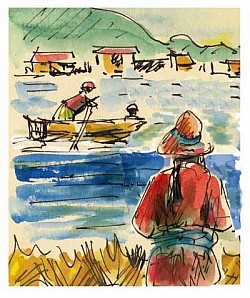 cartoon illustration picture nik scott woman looking at boat on river