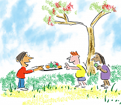 cartoon illustration picture nik scott children sharing fruit happy
